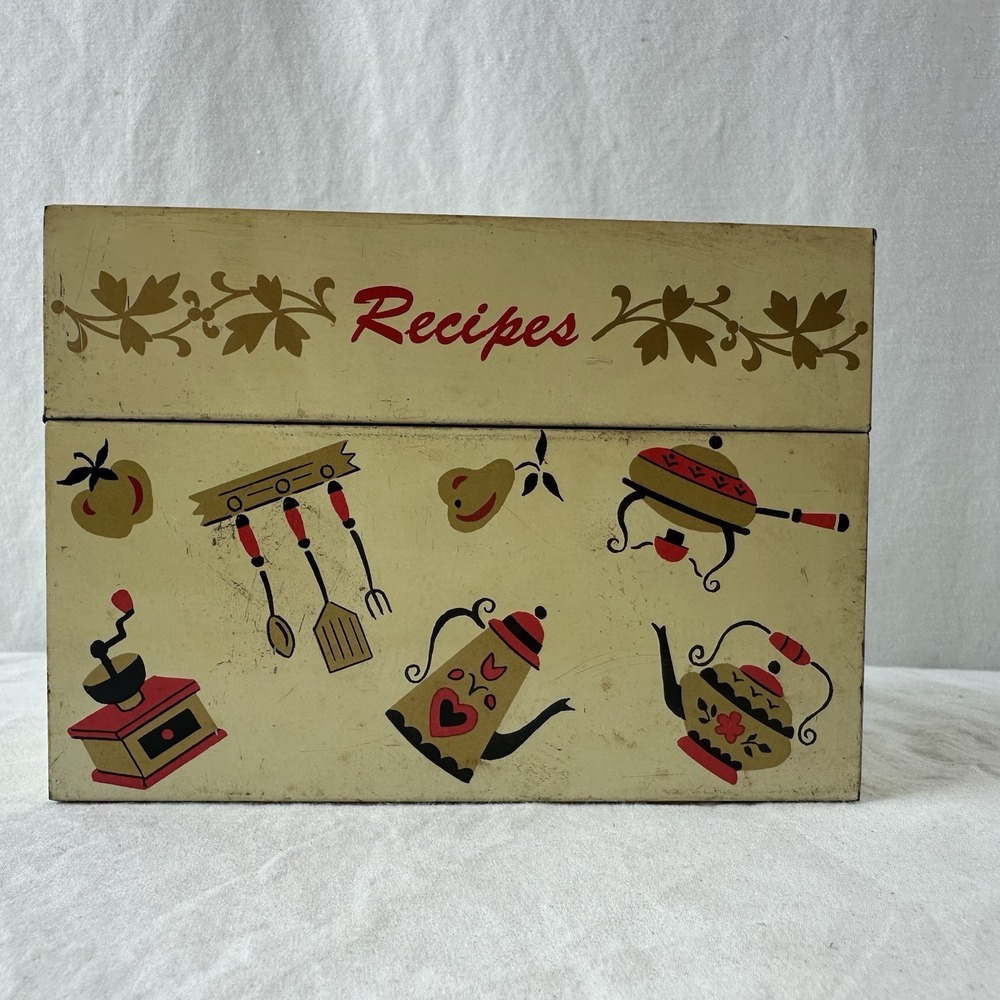 Vintage Ohio Art Co Tin Recipe Box Metal USA Made Kitchen Gadgets And Tools